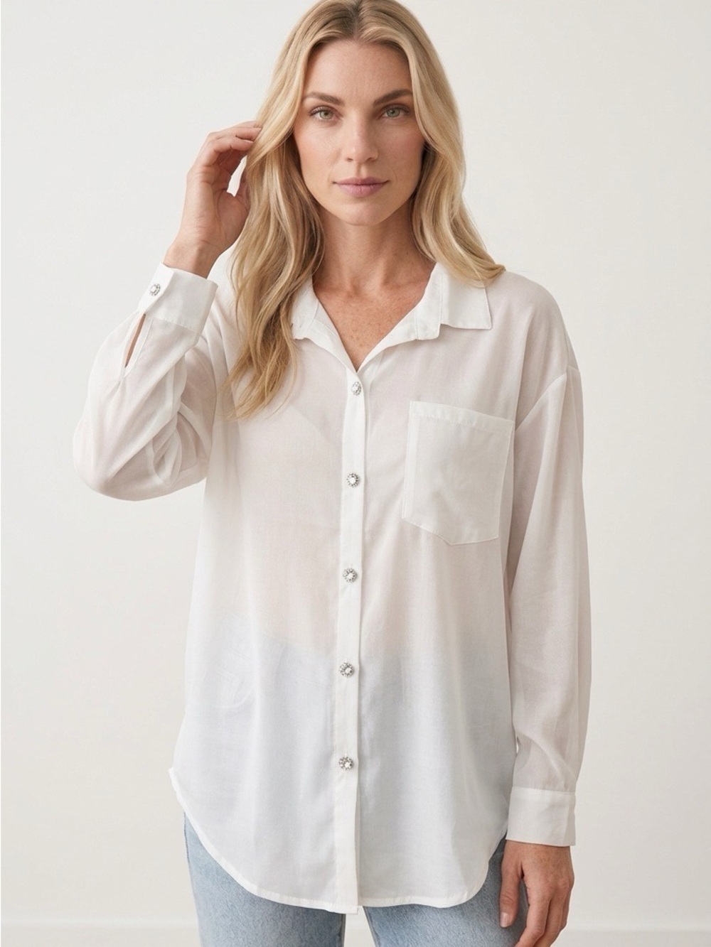 2165 - Elegant Sheer White Button-Down Blouse with Sparkly Diamond Accents - Per
